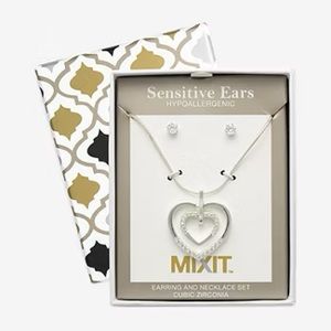Mixit Silver Tone Pendant Necklace & Stud Earrings 2pc Cubic Zirconia Heart